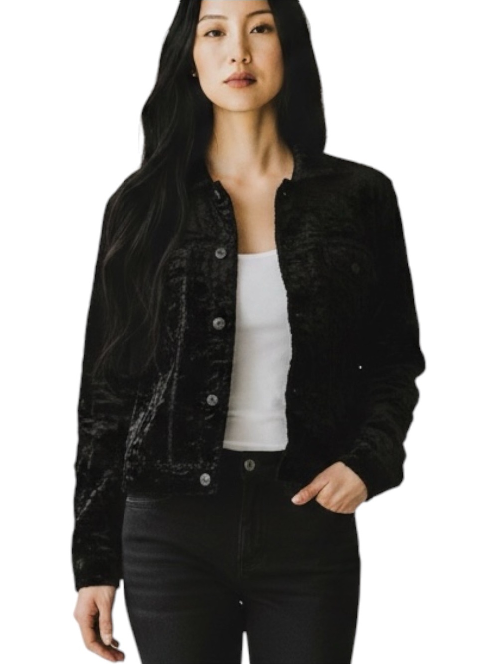 Chico’s Black Velvet Faux Fur Button-Front Jacket NWOT Size 8 WhimsiGoth MobWife